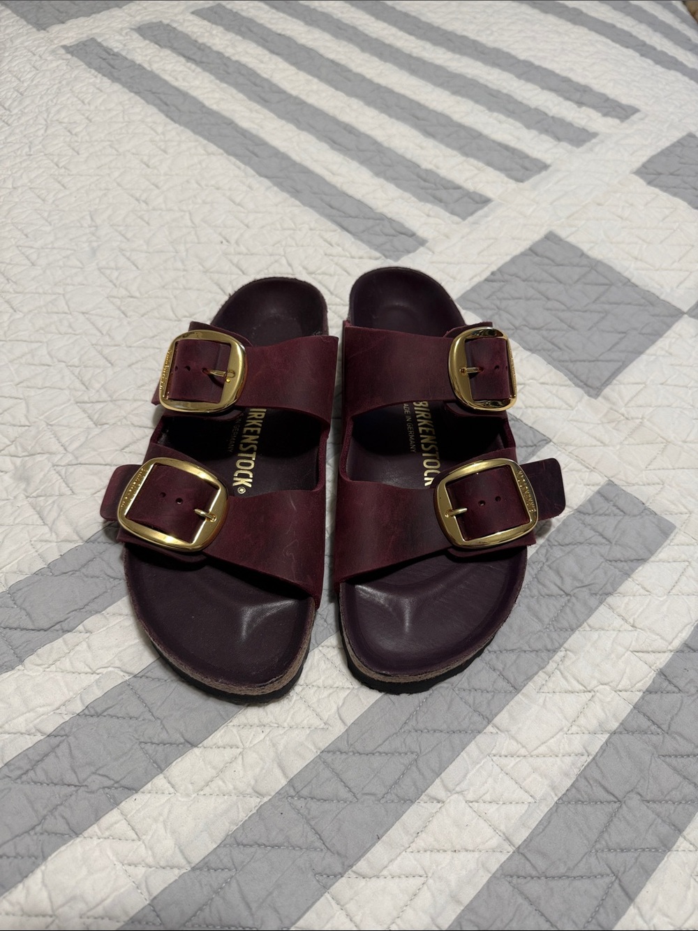 Birkenstock Arizona Big Buckle Sandals in Burgundy with Gold Buckles
